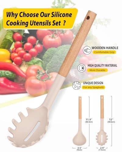 BUNDLEPRO Silicone Soup Ladle and Pasta Spoon Set, Wooden Handle
