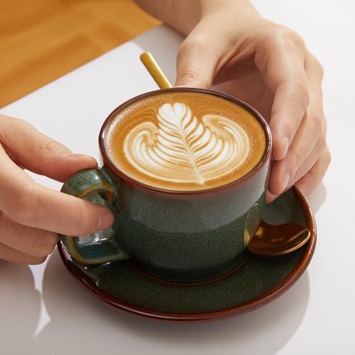 Pokini Stoneware Coffee Cups with Saucers, Cappuccino Cups, Mugs Set