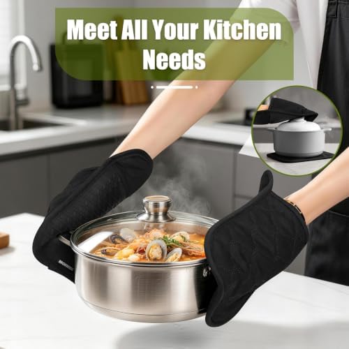 Silicone Oven Mitts and Pot Holders Set, 4 Kitchen Towels/4 Dish
