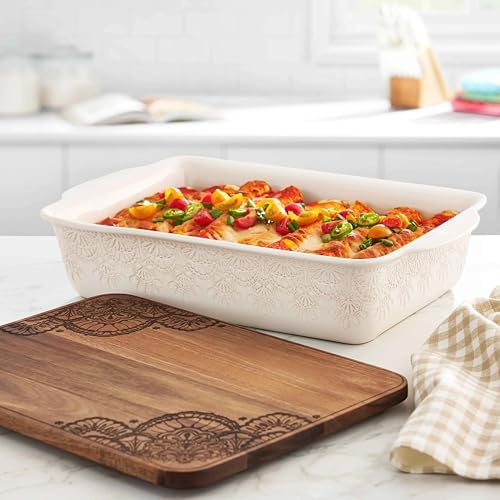 9" x 13" Vintage Lace Ceramic Casserole Baking Dish with Wood Lid