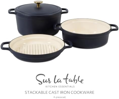 Sur La Table Kitchen Essentials 4-Piece Enameled Cast Iron Stackable Cookware Set, 5.3 Qt Dutch Oven with Lid, Braiser & Grill Pan, Navy Blue, Gold Knob Oven Safe to 500°F, Induction Compatible