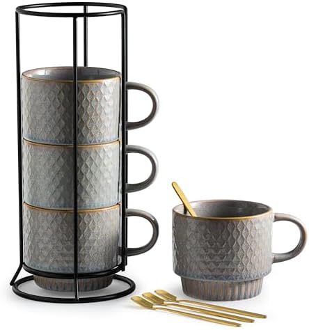 Gomakren Stackable Coffee Mugs Set of 4 Coffee Cups with Stand, Light