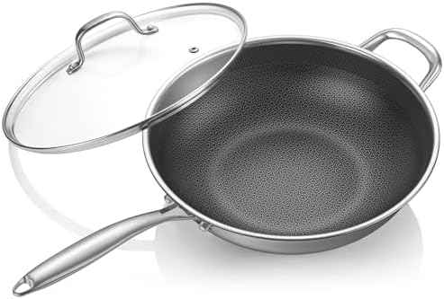 12.5-Inch Hybrid Stainless Steel Wok Pan with Lid, Laser-Textured Nonstick Stir Fry Pan, PFOA-Free, Induction Compatible, Oven & Dishwasher Safe for All Cooktops