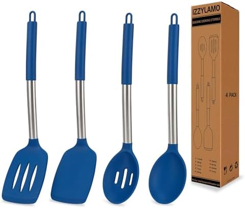 4-Pack Silicone Utensils Set, Stainless Steel Handle, Blue