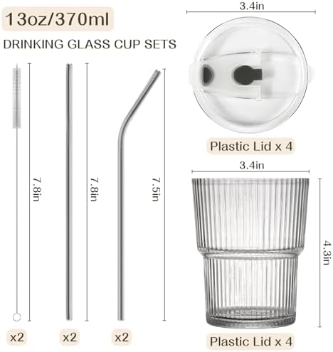13oz Iced Coffee Cups,2Pcs Glass Cups with Lids and Straws Drinking