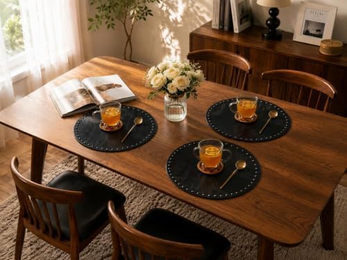 FAVE Black Faux Leather Placemats 13.78 Inches Round Placemat Set of 2