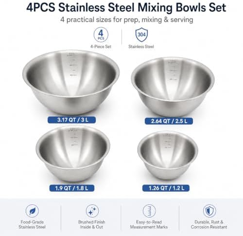 Wind Shear 4-Piece 304 Stainless Steel Mixing Bowls with Measurements