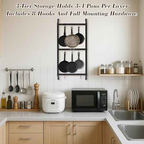 MorningRo 37” Pot and Pan Hanging Rack Wall Mounted, 3 Tier Iron Vertical Hanging Pan Organizer Shelf with 8 S Hooks Hanger for Kitchen Utensils, Space Saving Storage for Cookware