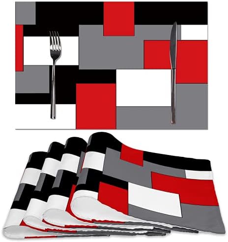 Red Grey Black White Placemats Set of 4,Geometric Square Table Place