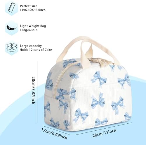 Lunch Box for Girls, Blue Bow Tie, Corduroy Lunch Bag for Women