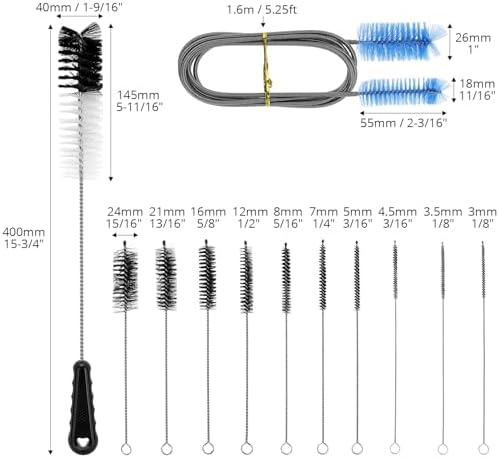 QWORK 12Pcs Tube Pipe Cleaner Kit, 15.75" Long Handle Brush, 5.25 Ft