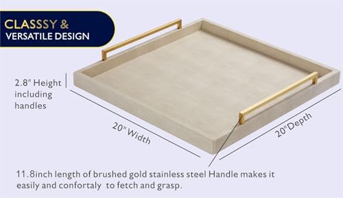 Ivory Shagreen Extra Large Ottoman Trays with Gold Handles 20x20, Faux