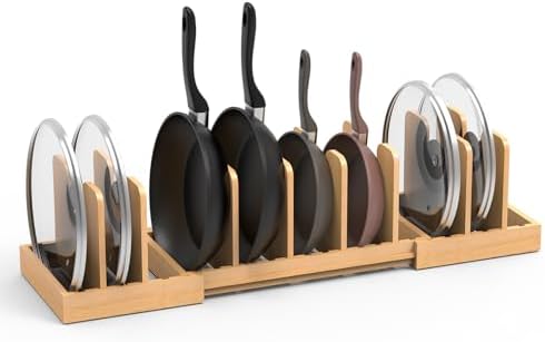 Bamboo Expandable Pot Lid Organizer, Pots and Pans Holder Rack for