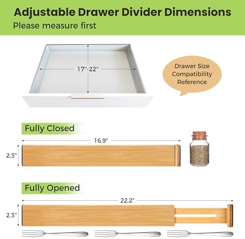 Fyvva Drawer Organizer, Spring-Loaded Expandable Bamboo Dividers