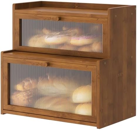 Double Layer Bamboo Bread Box for Kitchen Counter,Bread Holder,Countertop Bread Storage with Window (Brown)