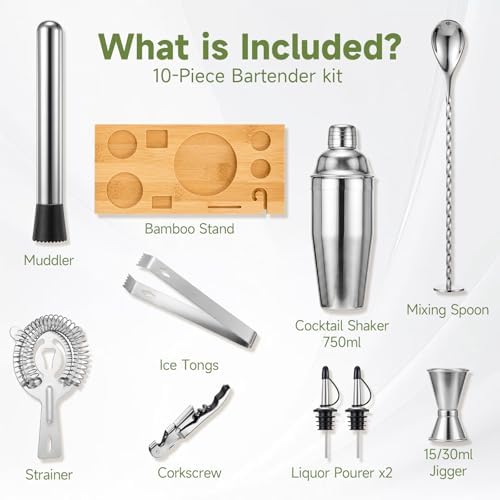 10PCS Stainless Steel Cocktail Shaker Set Bartender Kit with Stand
