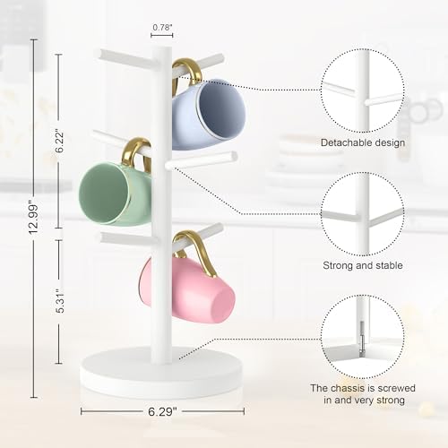 Bamboo Coffee Mug Tree Holder with 6 Hooks, Cup Stand for Countertop