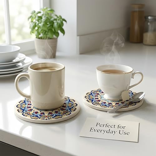 Mandala 4 Inches Round Absorbent Ceramic Coasters Set of 4, Boho