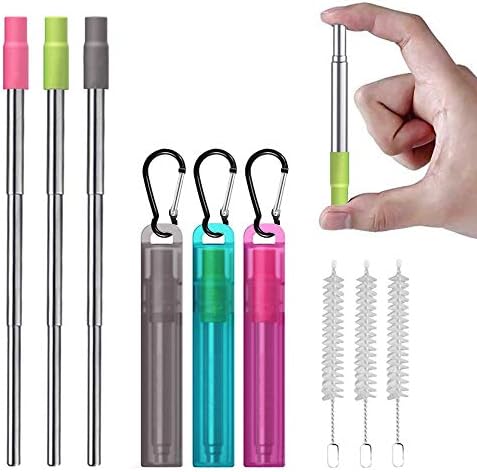 Metal Reusable Collapsible Straws with Silicone Tip, Telescopic