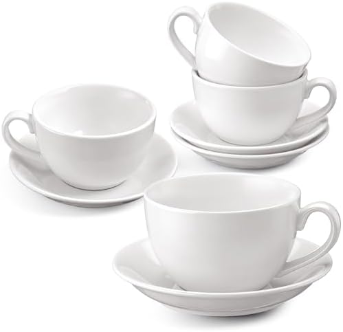 4 Set 16oz Cappuccino Cups with Saucers, Heavyweight Porcelain