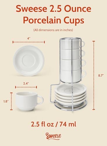 Sweese 2.5 Ounce Porcelain Stackable Espresso Cups with Saucers and