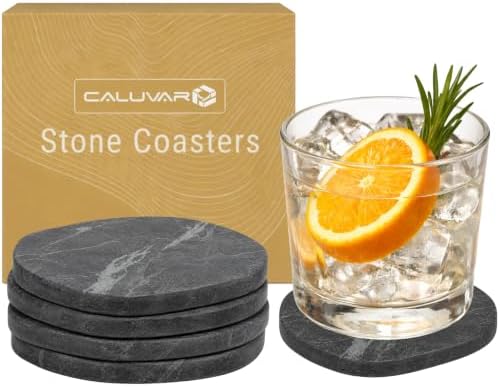 Marble Stone Coasters Set of 4 Slate, Absorbent Coasters for Drinks