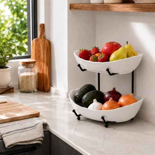 HBlife 2 Tier Fruit Bowl, Ceramic Fruit Basket for Kitchen Counter