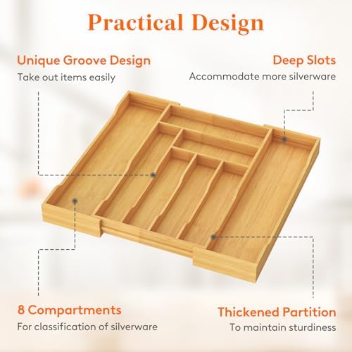 Lifewit Silverware Drawer Organizer, Wooden Utensil Tray for Kitchen