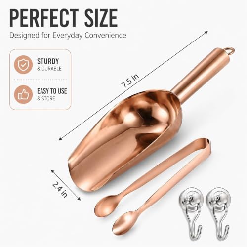 Rose Gold Stainless Steel Ice Scoop Set with Clip & 2 Hooks for