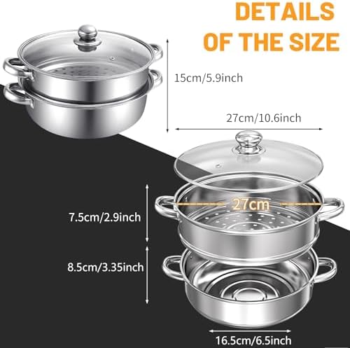 2-Tier 28cm 304 Stainless Steel Steamer Pot with Glass Lid,for Dumplings, Seafood, Veggie Stews & Homemade Soups