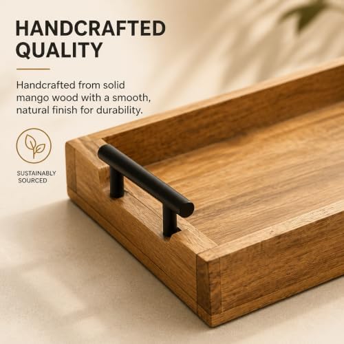 Store Indya Hand Carved Mango Wood Serving Tray with Handles
