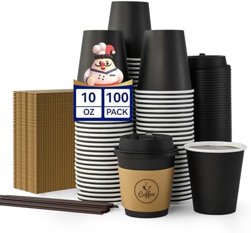JOLLY CHEF 10 oz Coffee Cups with Lids, Sleeves and Stirrers 100 Count