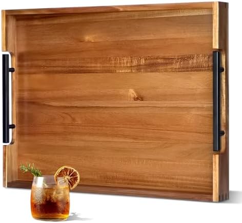 22 Inch Acacia Wooden Serving Tray with Black Metal Handles