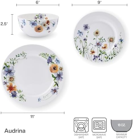 Mikasa Audrina Water Color Flowers Bone China Lightweight Chip Resistant 12 Piece Dinnerware Set, Service for 4, White