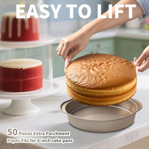 8" Round Cake Pans with 50PCS Parchment Papers, Carbon Steel, Gold