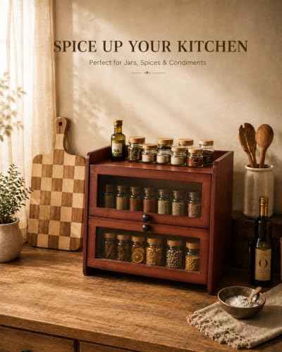 Brown Bread Box for Kitchen Countertop, 2 Tier Large Capacity Wooden Bread Storage Container, Farmhouse Bread Keeper for Bread, Bagels, Pantry Organizer