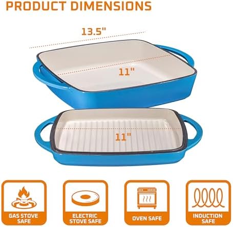 Bruntmor 2-in-1 Square Dutch Oven with Grill Pan, Whale Blue