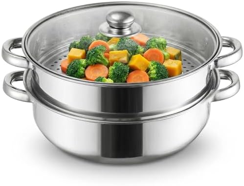 ZENFUN Steamer Pot With Lid 2 Tier, Multipurpose Stainless Steel Steaming Pot, Steam Pots With Handle For Vegetable, Dumpling, Food, 11 Inch（Thickened）