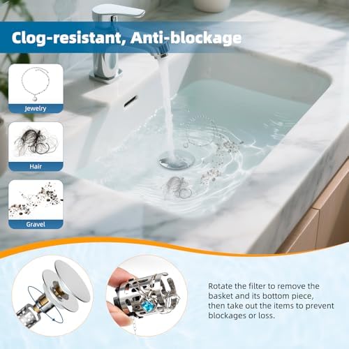 Hibbent Upgraded 3 in 1 Bathroom Sink Drain Strainer, Universal Pop Up