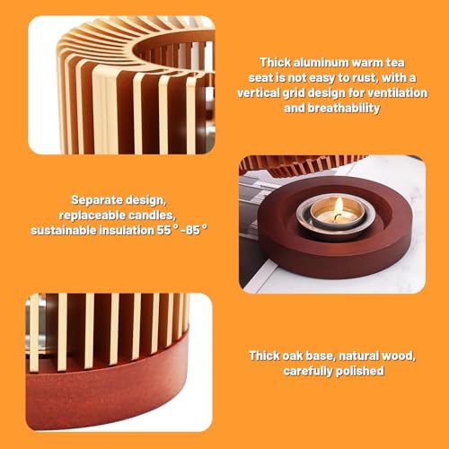 Inmorven Teapot Warmer, Aluminum Tea Warmer with Wooden Base, Candle