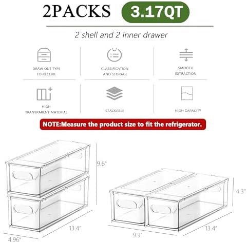 Refrigerator Organizer Bins, 2 Pack, BPA-Free, Clear