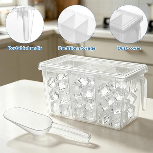 CIEOVO 2 Set 3 Divided Ice Bin for Freezer with Lid and 2 Scoop Set