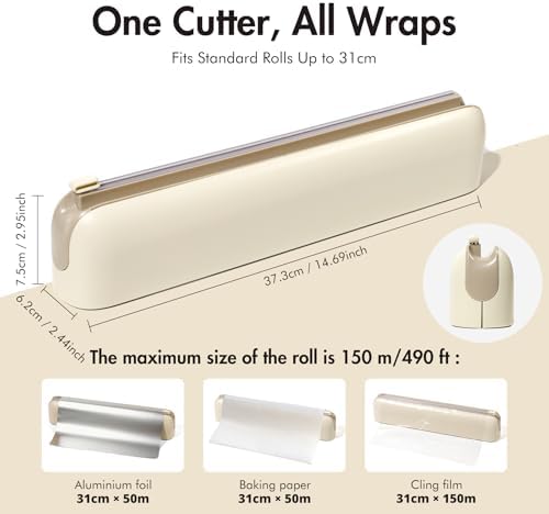 Aluminum Foil & Plastic Wrap Dispenser with Cutter - Easy One-Hand Operation, Space-Saving Kitchen Organizer for Worktops & Cabinets, Magnetic Cling Film Dispenser - Fits 12" Rolls, Latte