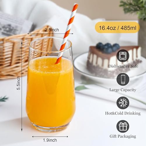 Drinking Glasses Set of 6, 16oz Crystal Clear Water Glasses Set