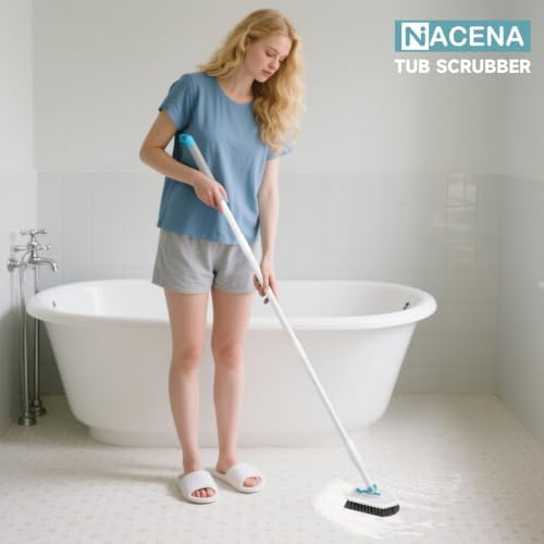 nacena Shower Scrubber with Long Handle, 3 in 1 Tile Tub Scrubber