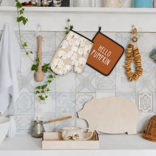 Fall Hello Pumpkin Kitchen Oven Mitts and Pot Holders Set