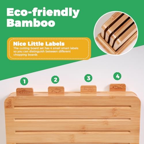 Fanwer Bamboo Cutting Board, Set of 4 with Storage Stand, Chopping