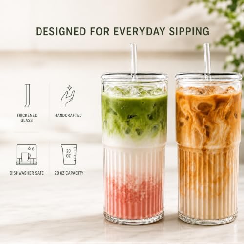 Luiaiog 20 oz Glass Cups with Lids and Straws Set of 2, Ribbed Glass