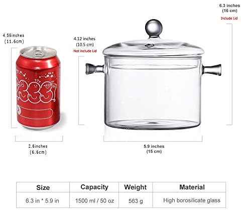 Glass Saucepan with Cover, 1.5L/50 FL OZ Heat-resistant Glass Stovetop