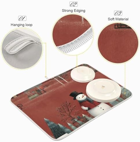 OTVEE Snowmen Red Barns Dish Drying Mat for Kitchen Counter Absorbent